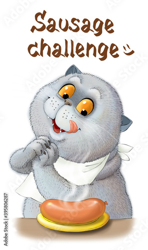 Illustration of a funny fat cat who enjoys fragrant hot food. With the inscription Sausage Challenge.