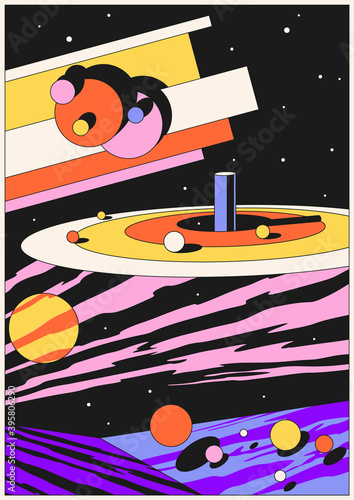 Psychedelic Space Illustration, Abstract Geometric Shapes 1970s-1980s Style 