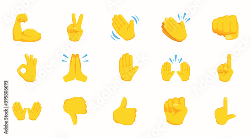 Hand Emojis Gestures Vector Icons Set. Gesture emoticon icon set. Biceps, fist, victory hand, folded hands in one vector collection