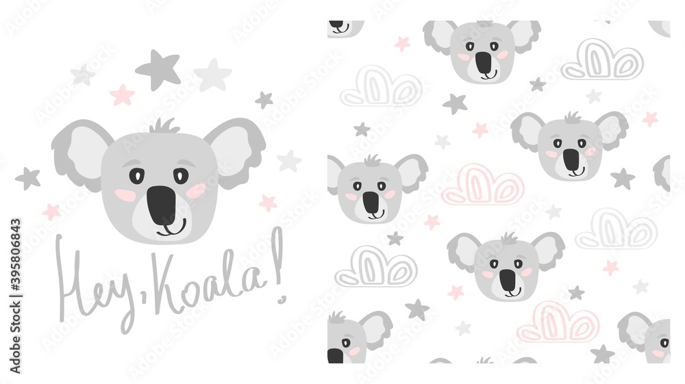 Seamless pattern with cute cartoon character koala and clouds, stars. Print for baby shower party. Vector print with baby koala.