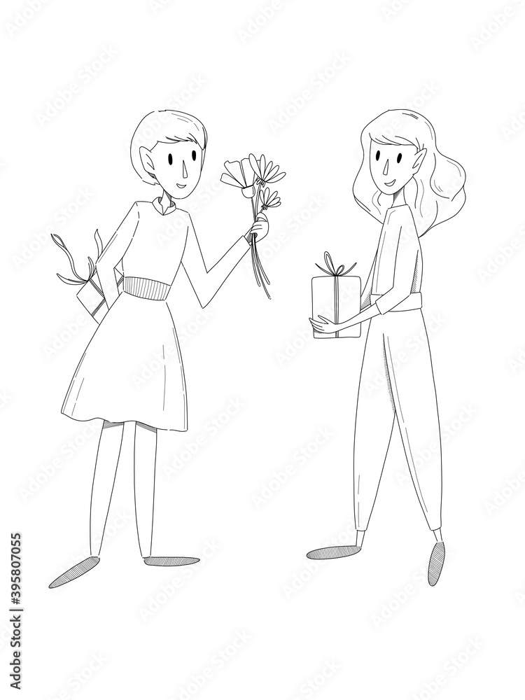 Doodle line art christmas card. Holiday greeting. Hand drawn style vector. Young women. Lesbian lgbtq valentine's day greetings. Doodle line art christmas card. Holiday greeting. Hand drawn style vector. Young women. Lesbian lgbtq valentine's day greetings.