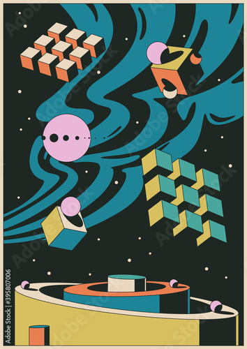Psychedelic Space Illustration, Abstract Geometric Shapes 1970s-1980s Style 
