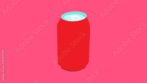 tin bottle on a pink background, vector illustration. bottle for drinks and lemonades. container for soda red. lemonade in a disposable package. harm to the environment