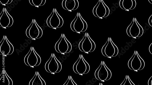 garlic on a black background, vector illustration, pattern. delicious garlic, Ukrainian cuisine, garlic for borscht and lard. seamless illustration, pattern. wallpaper for kitchen decor