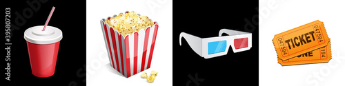 Cinema icon set 3d glasses, ticket, soda, popcorn