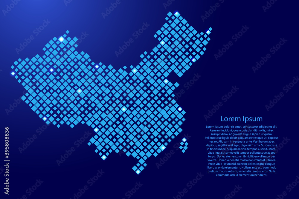 China map from blue pattern rhombuses of different sizes and glowing space stars grid. Vector illustration.