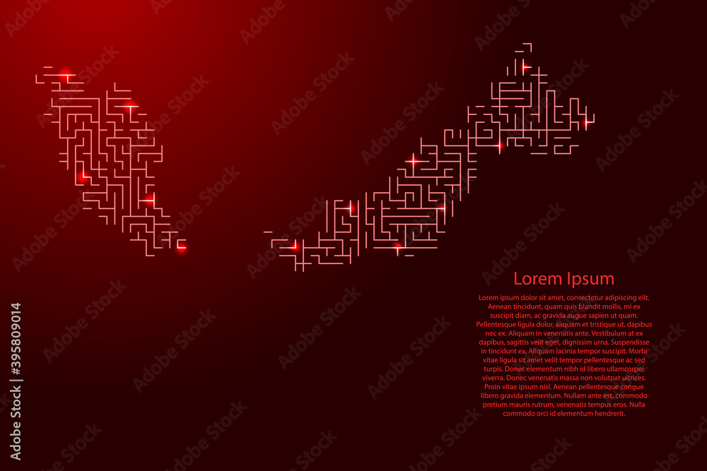 Malaysia map from red pattern of the maze grid and glowing space stars grid. Vector illustration.
