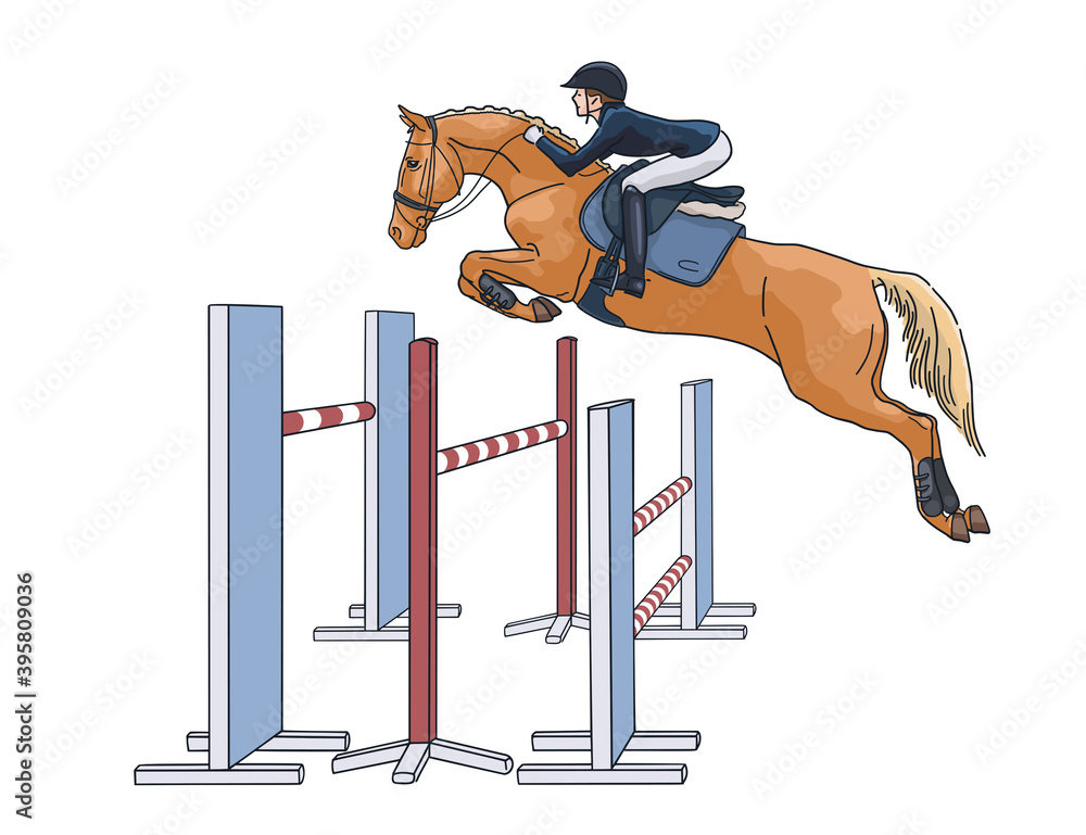 Vector illustration of a young rider and a horse jump over a triple ...