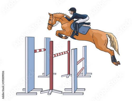 Vector illustration of a young rider and a horse jump over a triple obstacle