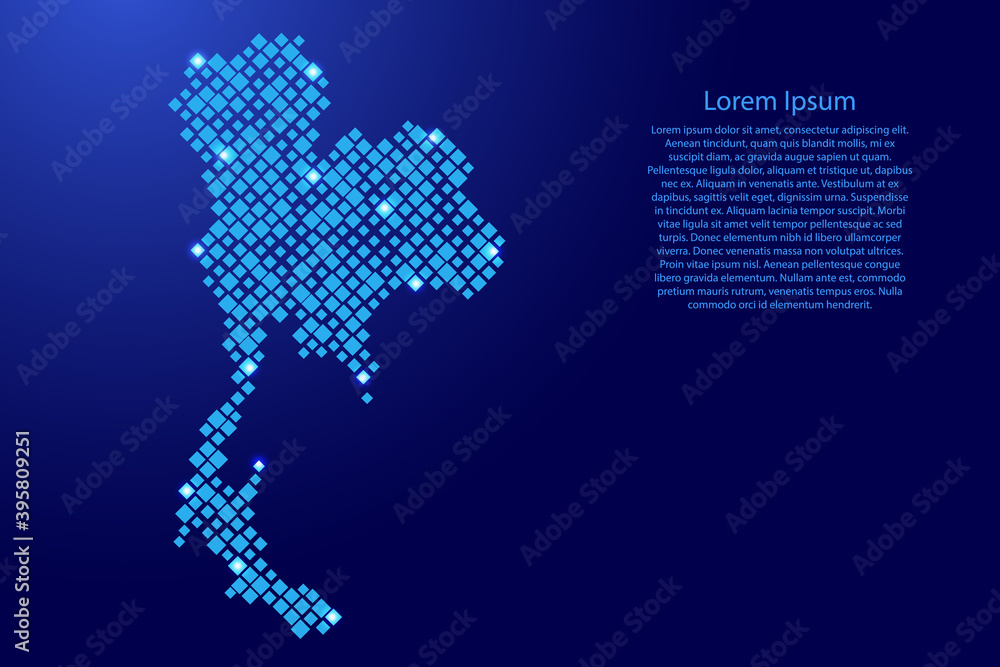 Thailand map from blue pattern rhombuses of different sizes and glowing space stars grid. Vector illustration.