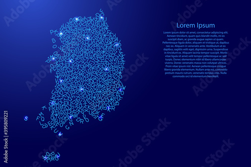 South Korea map from blue pattern latin alphabet scattered letters and glowing space stars grid. Vector illustration.