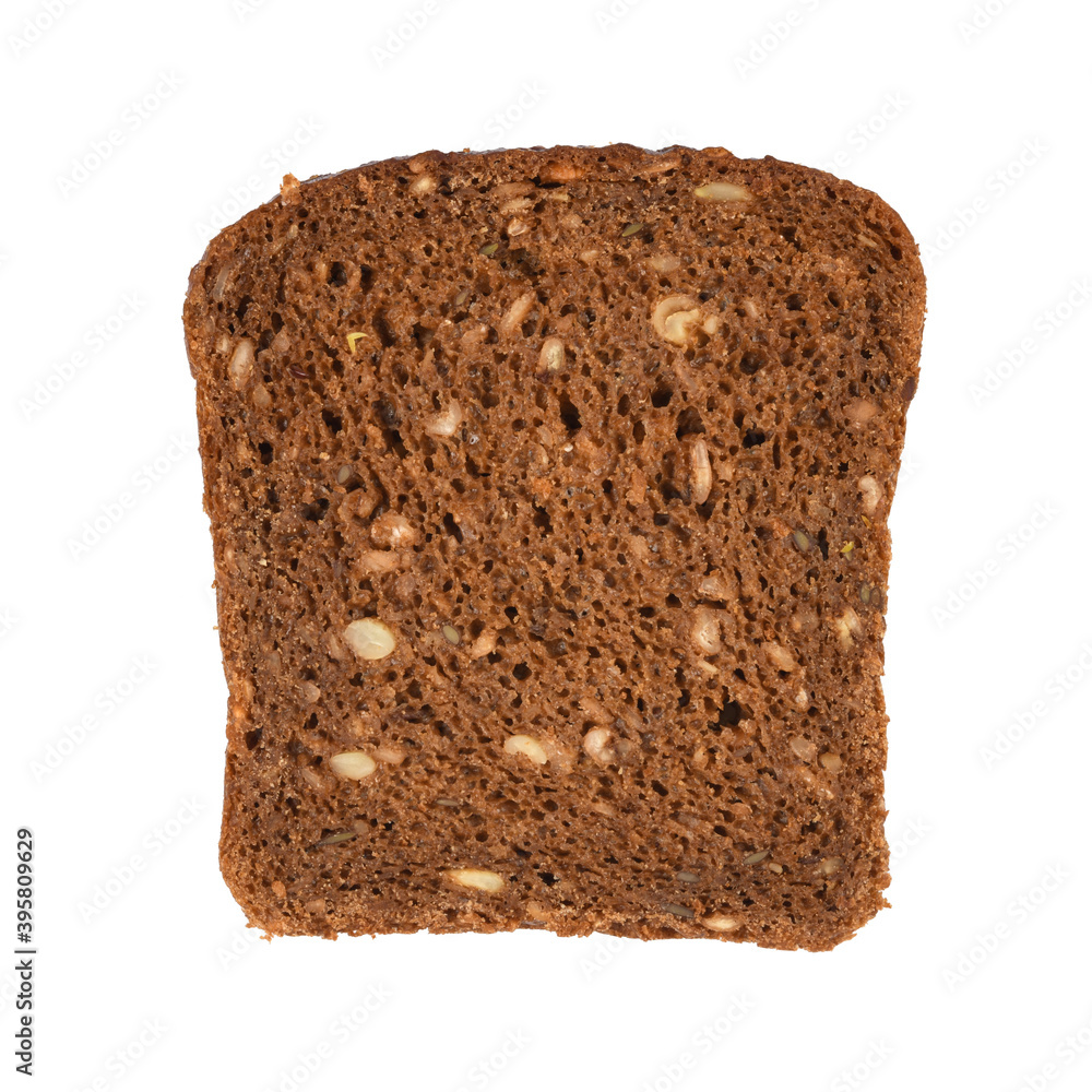 Multigrain bread with bran and whole seeds, one piece of sliced brown bread isolated on white background, close up macro high resolution. Multigrain bread with bran and whole seeds, one piece of sliced brown bread isolated on white background, close up macro high resolution.