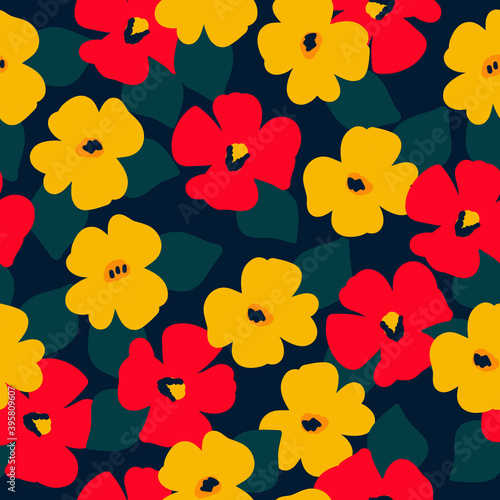 Simple vintage pattern. Dark blue background, yellow and red flowers. Print is well suited for textiles, banners and Wallpapers, packaging.