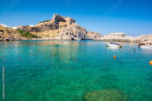 beautiful blue bay in Lindos town in Rhodes island in Greece