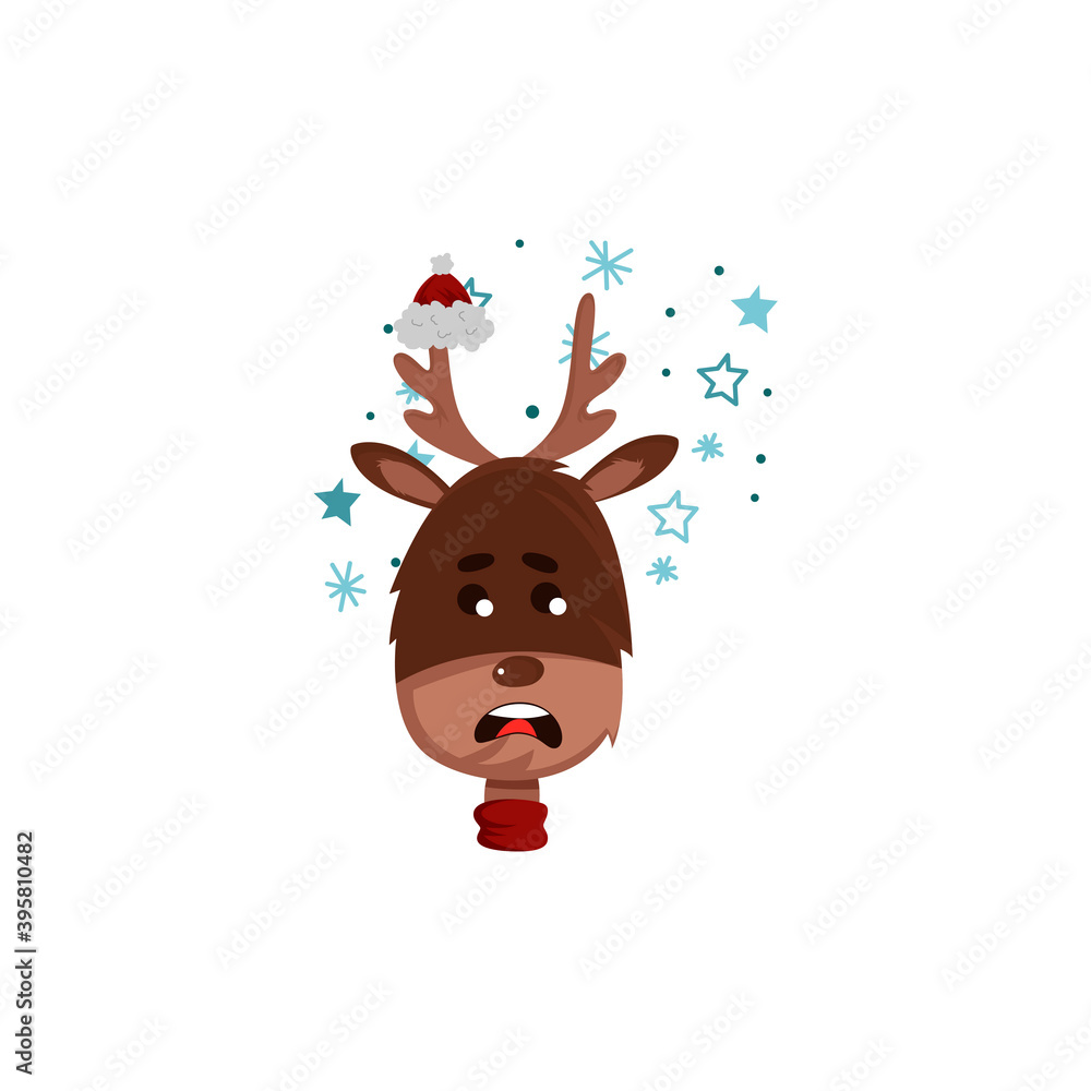 Fototapeta premium Confused Reindeer Head in Santa Claus Hat Vector Illustration