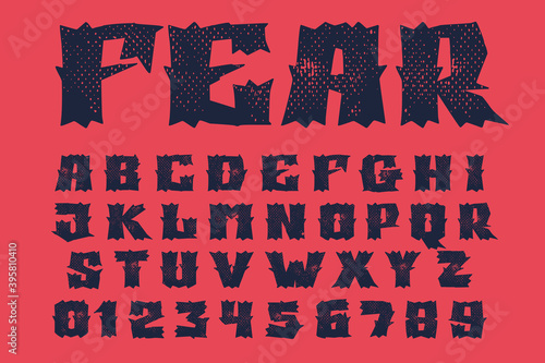 Alphabet and numbers set in horror style with grunge texture.