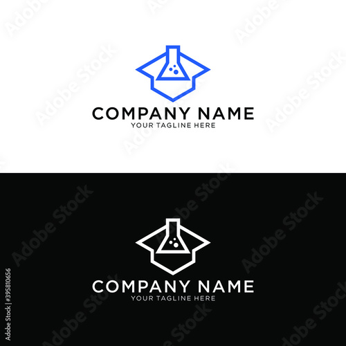 Chemistry education logo. Beaker with toga hat logo concept. School university laboratory logo template