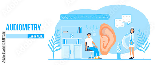 Audiometry by otolaryngologist vector web template for landing page, header. Tiny doctors treat and examine patient ear. Otolaryngology health care concept. Rally, seminar, various deaf