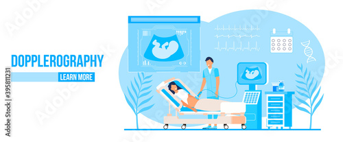 Dopplerography concept vector for landing page. Doctor are doing ultrasound fetus screening checkup in clinic office. Concept of baby belly sonography scan looking at machine vector.