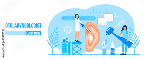 Otolaryngologist vector web template for landing page, header. Tiny doctors treat and examine patient ear, nose and throat. Otolaryngology health care concept. Rally, seminar, deaf awareness