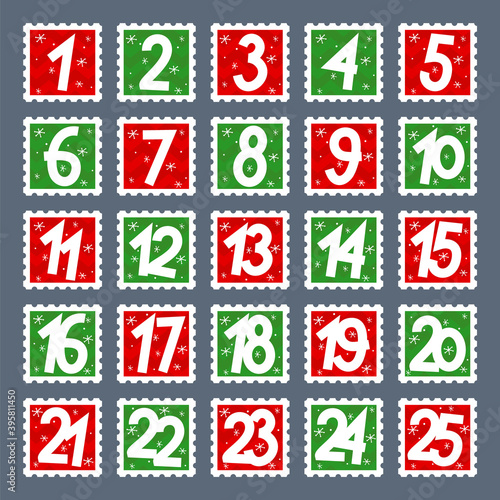 Advent calendar. Postage stamps stickers with numbers. Christmas advent calendar, hand drawn style. Vector illustration.