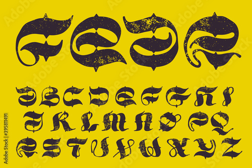 Сalligraphy alphabet in horror style with grunge texture.