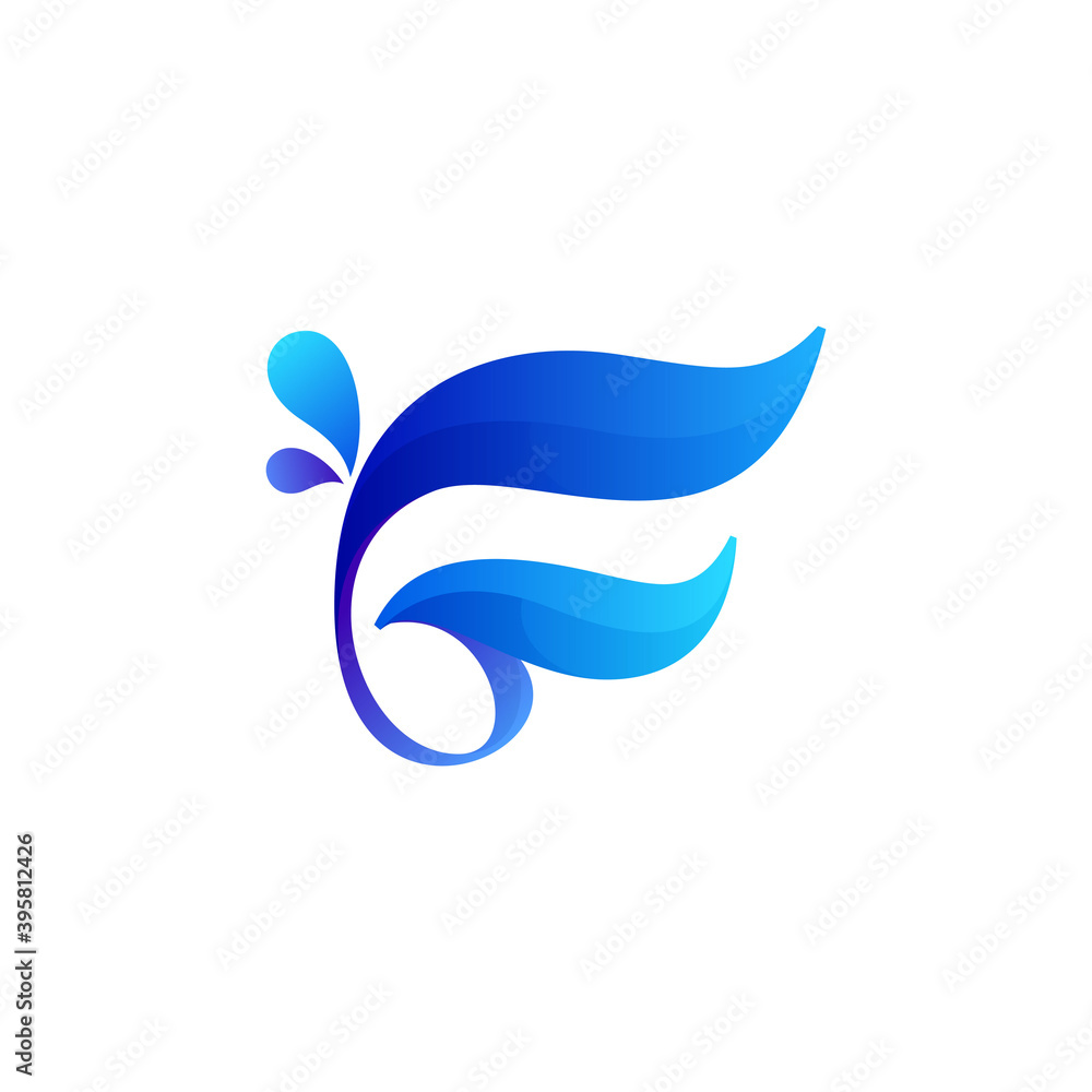 Clean blue F letter logo with water splash and drops. Clean blue F letter logo with water splash and drops.