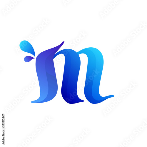 Clean blue M letter logo with water splash and drops.