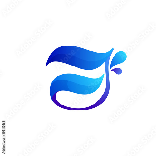 Clean blue J letter logo with water splash and drops.