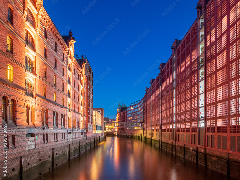 Hamburg night view through the Speicherstadt and blue sky background