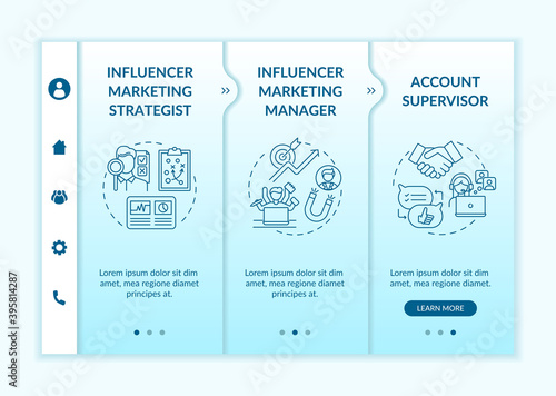Influencer marketing occupation onboarding vector template. Manager. Strategist. Account supervisor. Responsive mobile website with icons. Webpage walkthrough step screens. RGB color concept