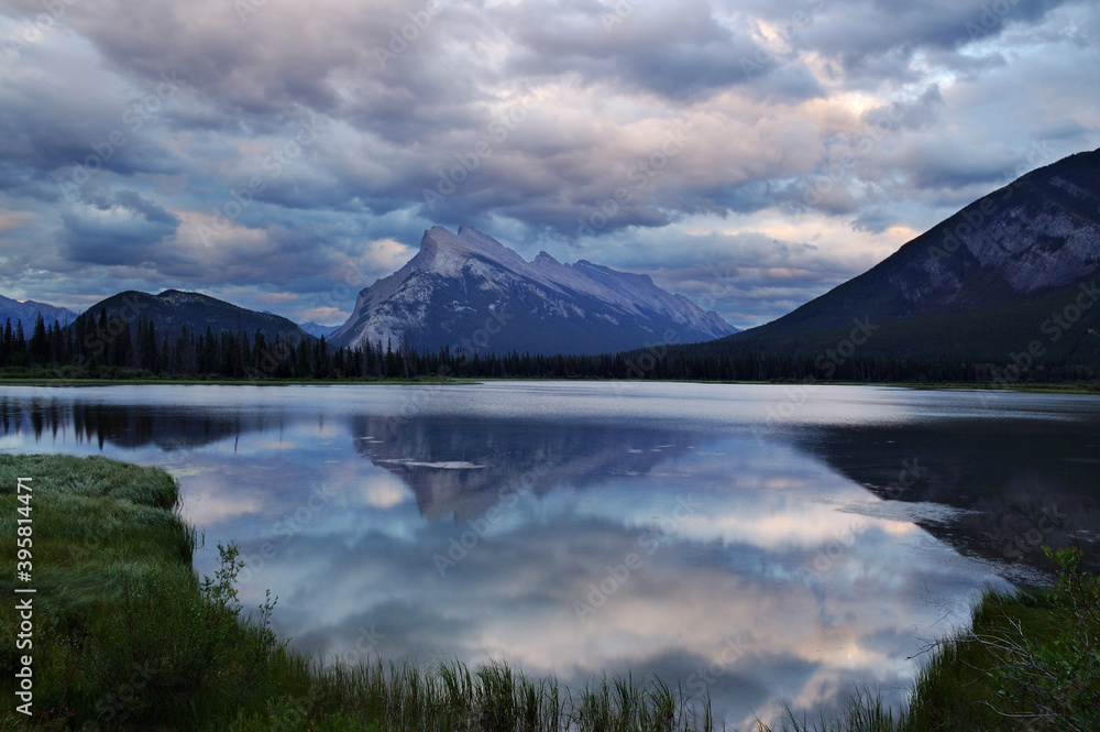 Evening clouds on Vermilion Lakes with Mount Rundle