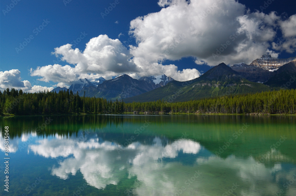 Bow Range Mountains reflected in Herbert Lake