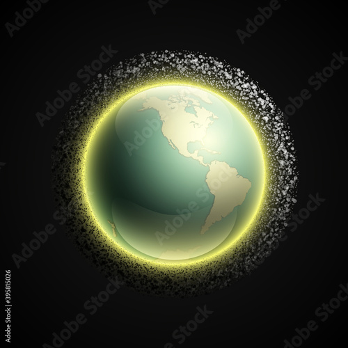 world map with belt of comets and asteroids. Globe icon in the space debris environment. Planet Earth on black background view from space. Continents world picture. Colorful poster presentation