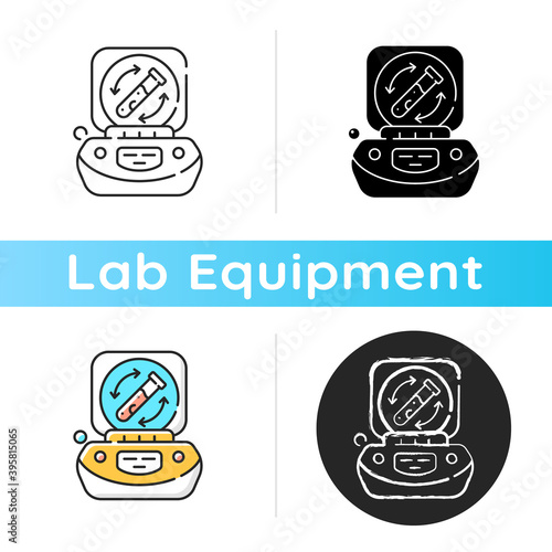 Lab centrifuge icon. Spinning vessel containing material at high speed. Fluids, liquid separation. Laboratory equipment. Linear black and RGB color styles. Isolated vector illustrations