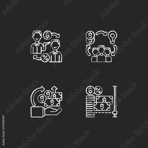 Organization crowdfunding chalk white icons set on black background. Funding companies projects with small amout of all budget using modern platforms. Isolated vector chalkboard illustrations