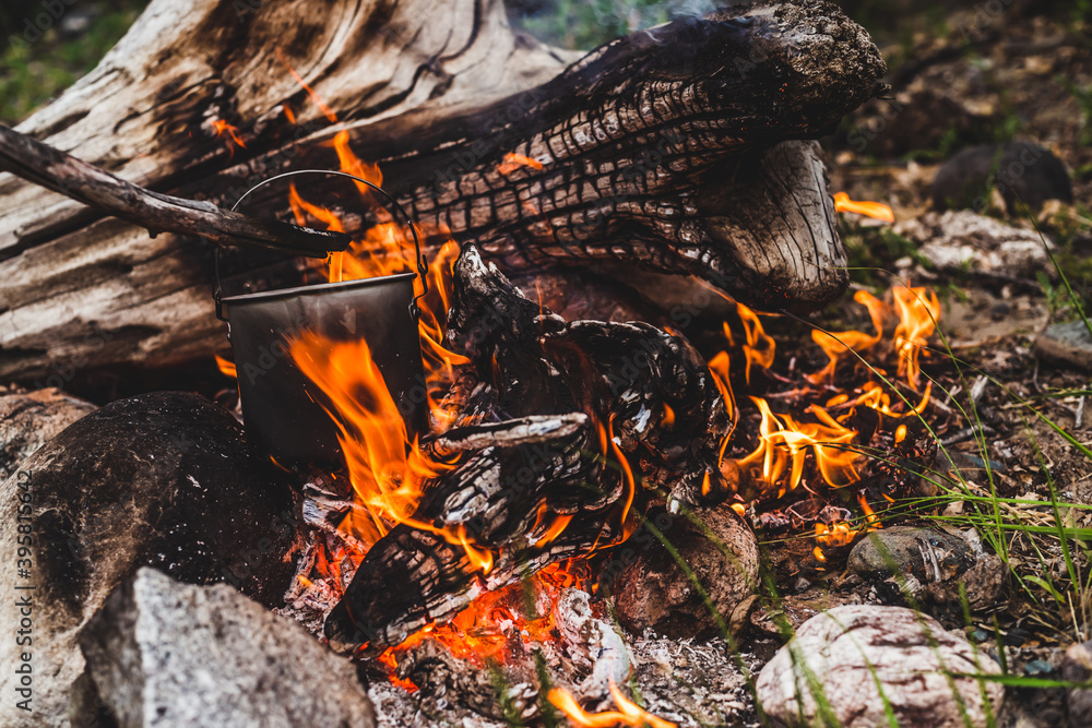 Kettle hanging over fire. Cooking food at fire in wild. Beautiful big log burns in bonfire close-up. Survival in wild nature. Wonderful flame with caldron. Pot hangs in flames. Campfire background. Kettle hanging over fire. Cooking food at fire in wild. Beautiful big log burns in bonfire close-up. Survival in wild nature. Wonderful flame with caldron. Pot hangs in flames. Campfire background.