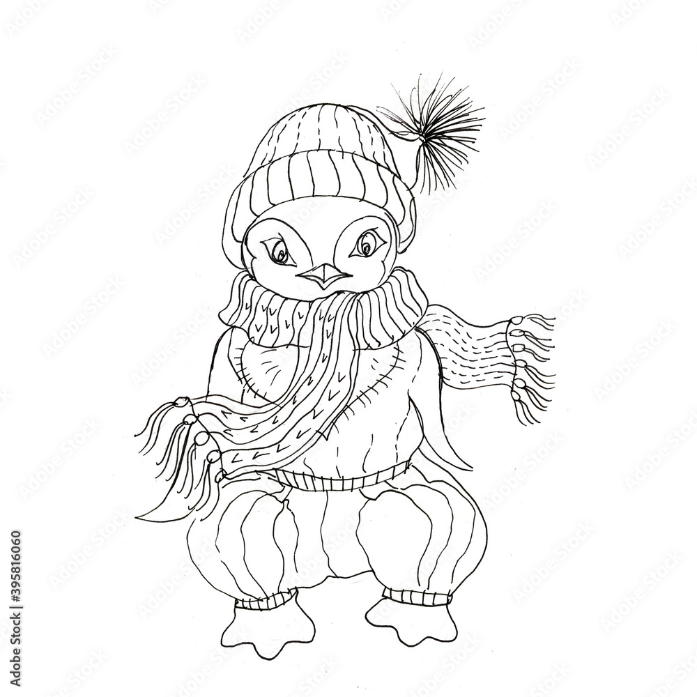 Penguin in a hat cute doodle coloring book. Hand drawn illustration, seamless pattern. Coloring book for children, monochrome. Separately on a white background. Print, sketch. Children's picture. A ch Penguin in a hat cute doodle coloring book. Hand drawn illustration, seamless pattern. Coloring book for children, monochrome. Separately on a white background. Print, sketch. Children's picture. A ch