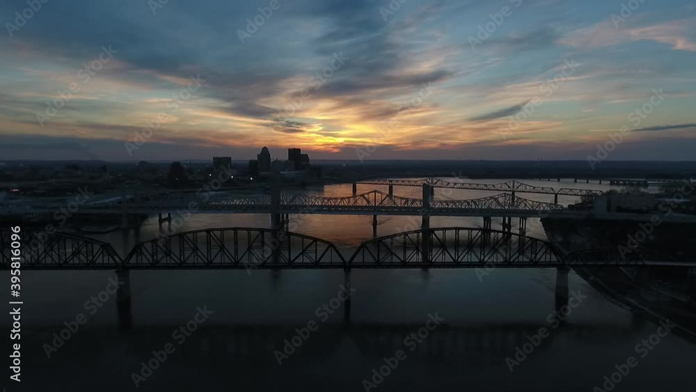 Dusk Scenic View of the Ohio River Bridges and Downtown Louisville Kentucky Drone Aerial View Dusk Scenic View of the Ohio River Bridges and Downtown Louisville Kentucky Drone Aerial View