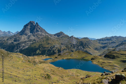 Views from the Ayous peak of the Midi d'Ossau and other peaks, mountains and lakes of the Pyrenees