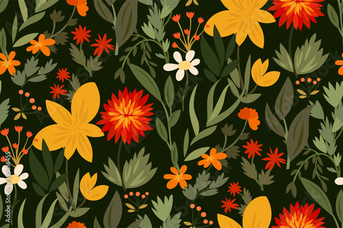 Abstract elegance seamless pattern with forest flowers, leaves. Trendy floral...