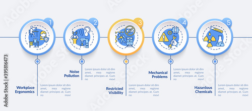 Workplace safety concerns vector infographic template. Workplace ergonomics presentation design elements. Data visualization with 5 steps. Process timeline chart. Workflow layout with linear icons