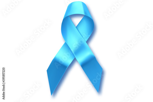 Blue ribbon. Awareness of men health in November with blue prostate cancer ribbon on white background. Symbol of oncology affected man. Copy space.