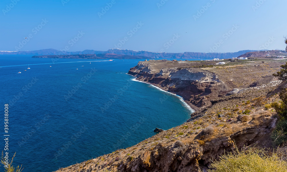 A view from Akortiri along the caldera rim in Santorini in summertime