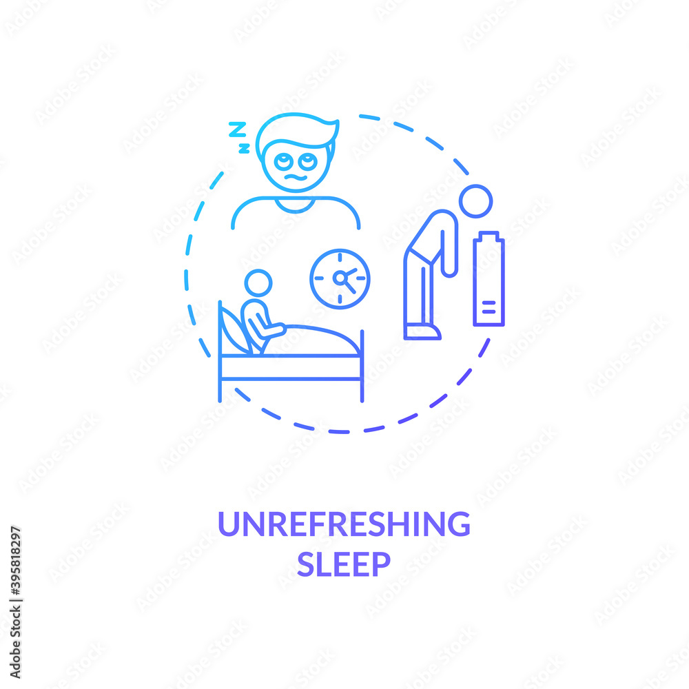Unrefreshing sleep concept icon. CFS symptom idea thin line illustration. Slowed reflexes and responses. Chronic tiredness and sleepiness. Vector isolated outline RGB color drawing Unrefreshing sleep concept icon. CFS symptom idea thin line illustration. Slowed reflexes and responses. Chronic tiredness and sleepiness. Vector isolated outline RGB color drawing