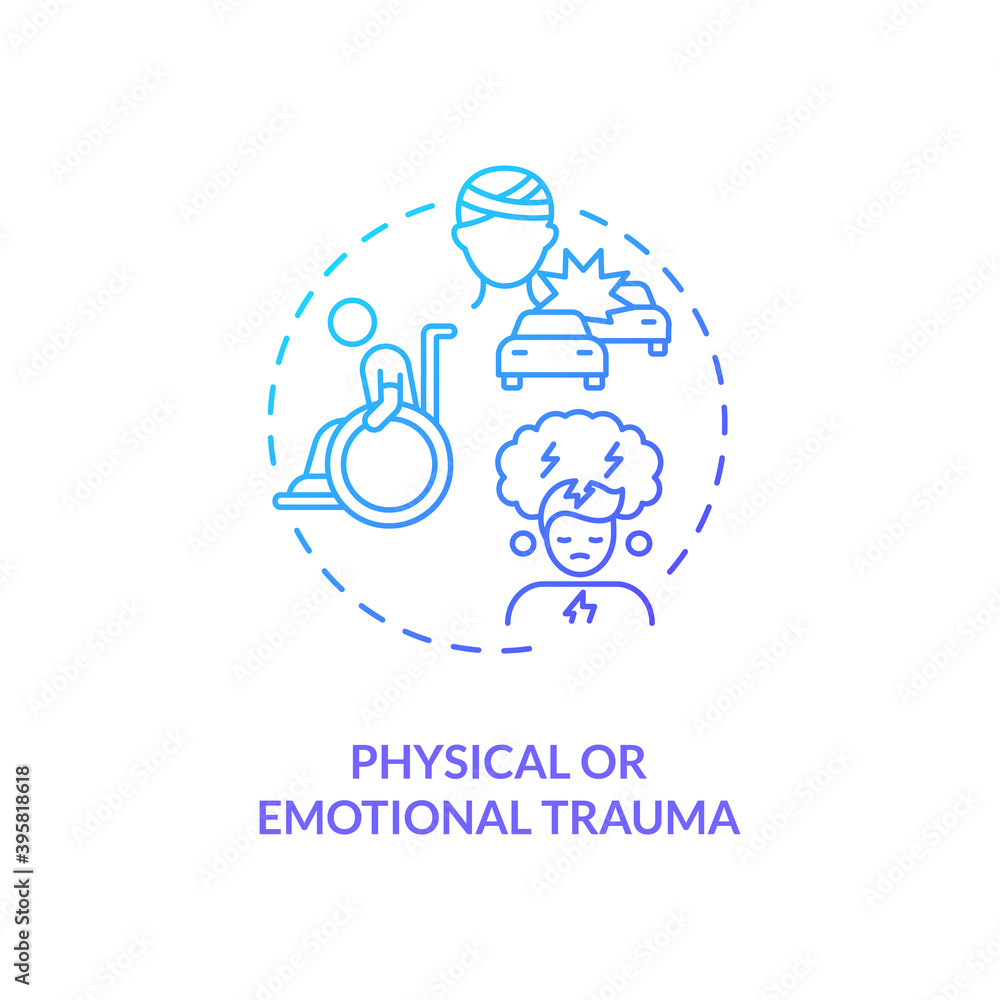 Physical and emotional trauma concept icon. CFS cause idea thin line illustration. Injury and surgery. Significant emotional stress. Traumatic events in past. Vector isolated outline RGB color drawing Physical and emotional trauma concept icon. CFS cause idea thin line illustration. Injury and surgery. Significant emotional stress. Traumatic events in past. Vector isolated outline RGB color drawing