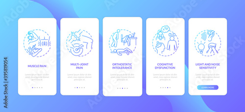 CFS signs onboarding mobile app page screen with concepts. Cognitive dysfunction, orthostatic intolerance walkthrough 5 steps graphic instructions. UI vector template with RGB color illustrations photo