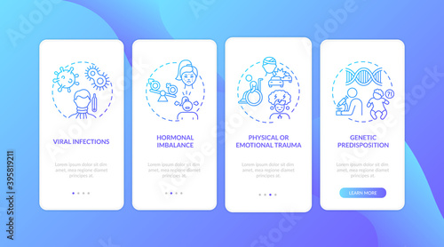 ME causes onboarding mobile app page screen with concepts. Physical, emotional trauma, genetic predisposition walkthrough 4 steps graphic instructions. UI vector template with RGB color illustrations