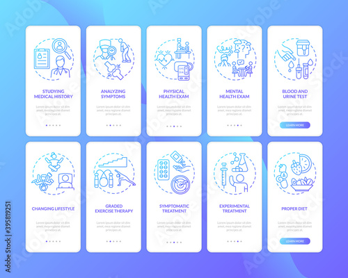 Myalgic encephalomyelitis diagnostics onboarding mobile app page screen with concepts set. CFS treatment walkthrough 5 steps graphic instructions. UI vector template with RGB color illustrations