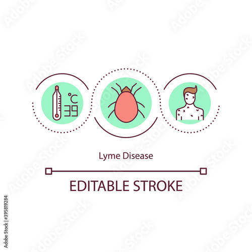 Lyme disease concept icon. Infectious disease caused by bacterium. Expanding red rash. Health problems idea thin line illustration. Vector isolated outline RGB color drawing. Editable stroke